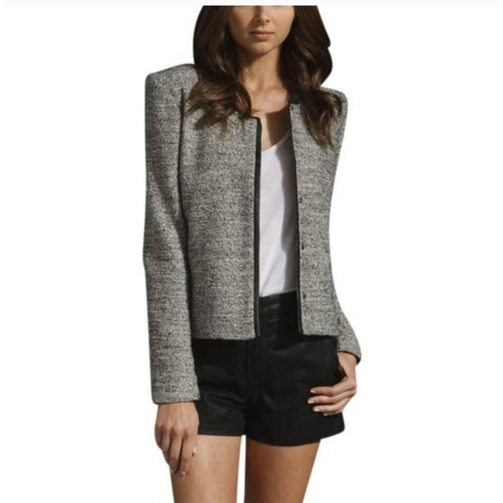 IRO Viviana Jacket Gray Black Boucle Tweed Leather Trim Blazer Collarless Size 1